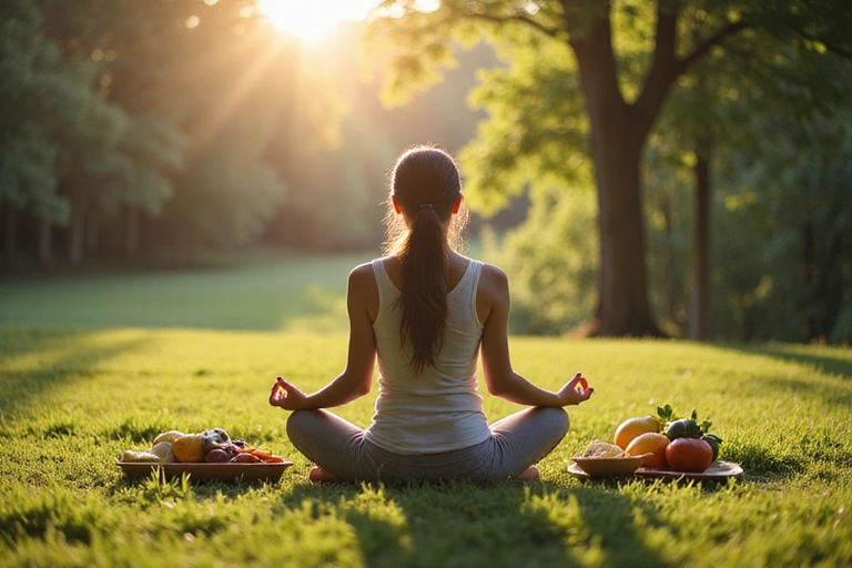 Persona meditando en un entorno tranquilo y natural, con alimentos saludables cerca, simbolizando bienestar integral.