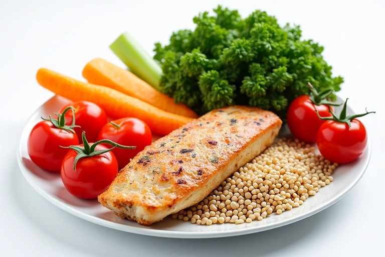 Plato colorido con verduras frescas y proteínas, representando una comida saludable.