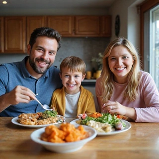Familia feliz comiendo una comida saludable juntos